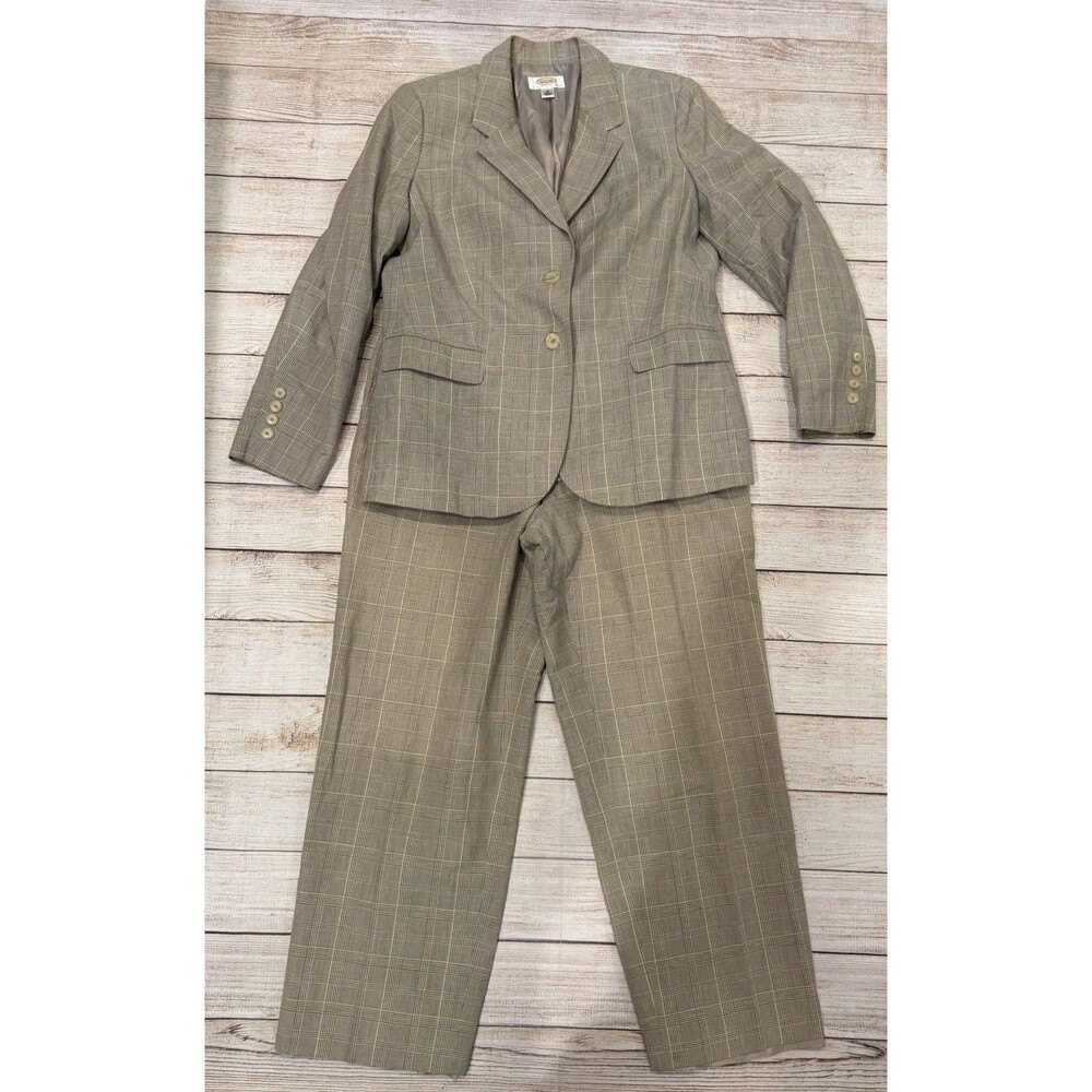 Talbots Petites Suit Tan Yellow Plaid Euc Work Cocktail Linen blend 12 Petite